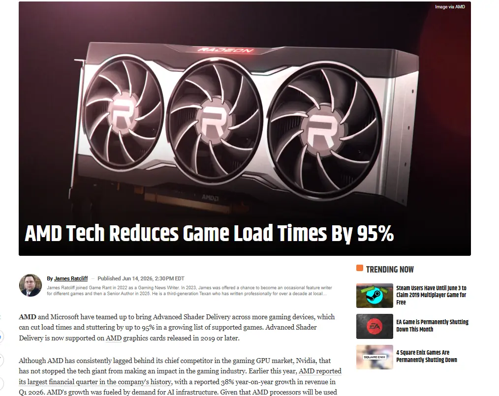 AMD显卡玩家有福了！新ASD技术减少游戏载入时间95%