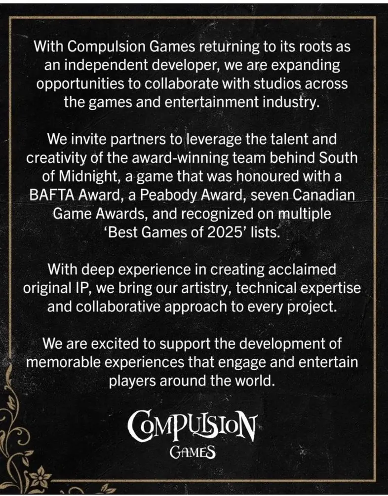 Compulsion Games回归独立身份，开放协作共创叙事驱动型游戏