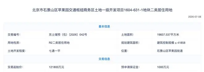 12.18亿元！石景山苹果地块预申请，楼面价比越秀天玥便宜1.4万
