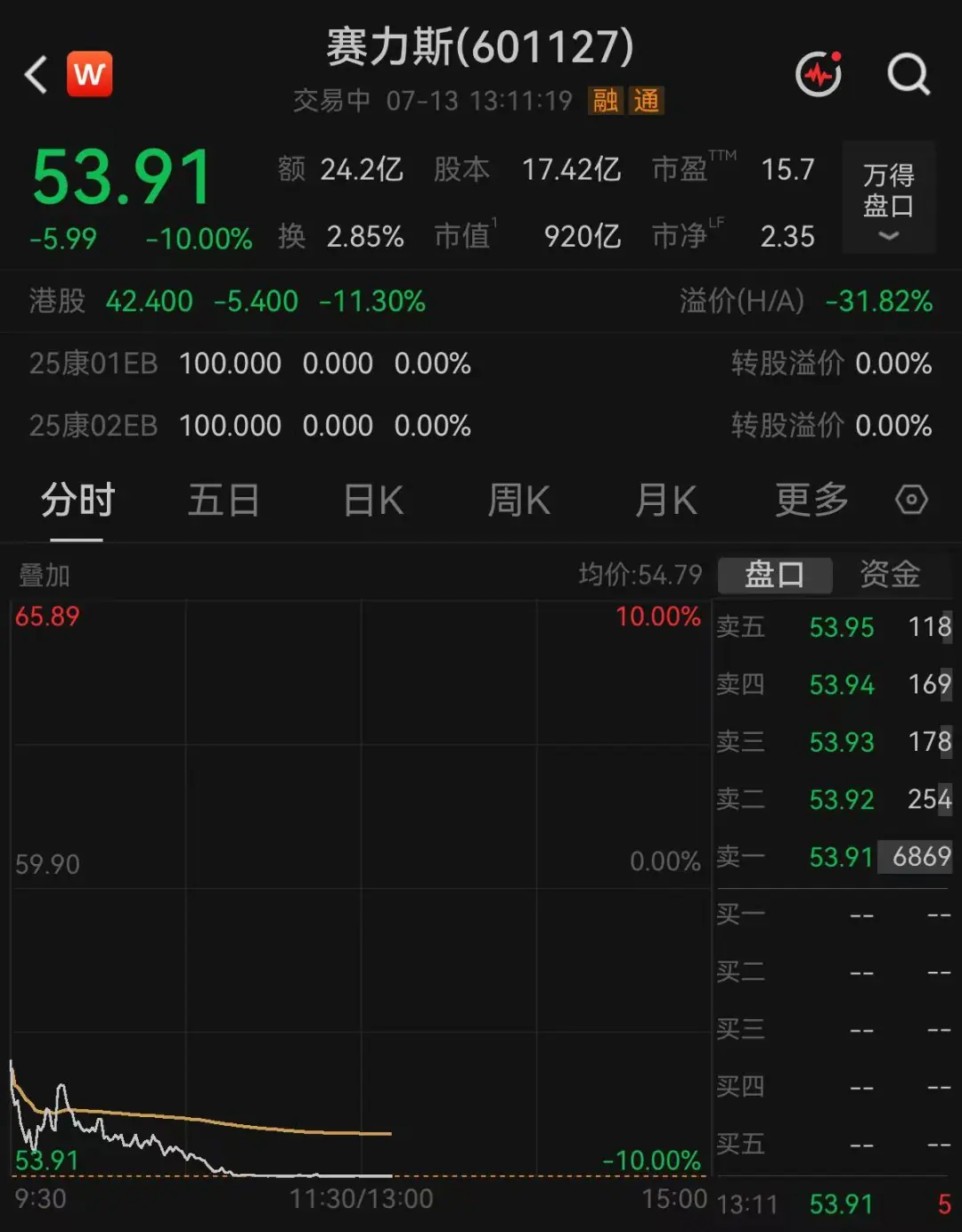 赛力斯，跌停